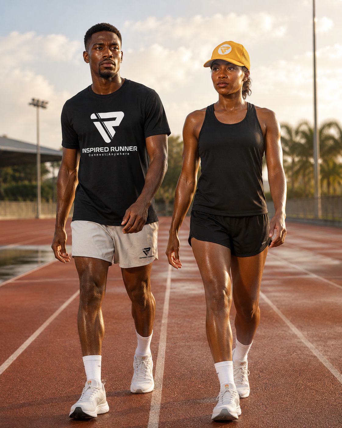 Inspired Runner athletes walking on the track at golden hour