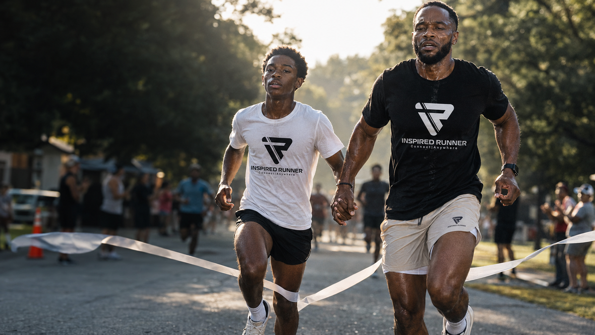 Inspired Runner athletes crossing the finish line together