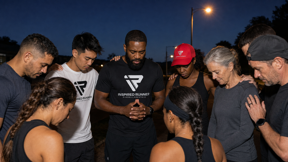 Inspired Runner community gathering in prayer before a run